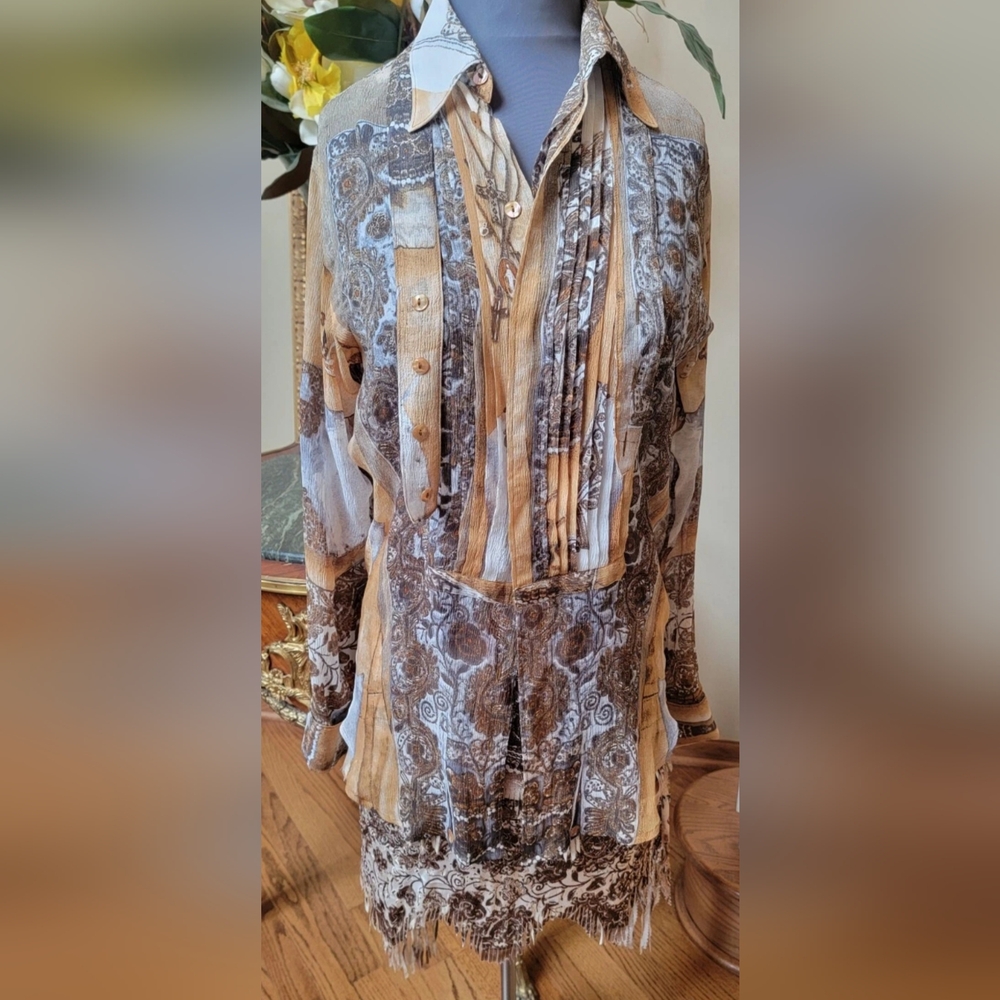 SET 5k JEAN PAUL GAULTIER BROWN GOLD SILK SKIRT Sz 6 & PRINT BLOUSE SZ 10 DRESSY